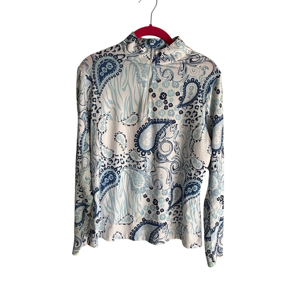 GOTTEX White Blue Mock Neck Sun Golf Tennis Outdoor Long‎ Sleeve Ladies Shirt, M